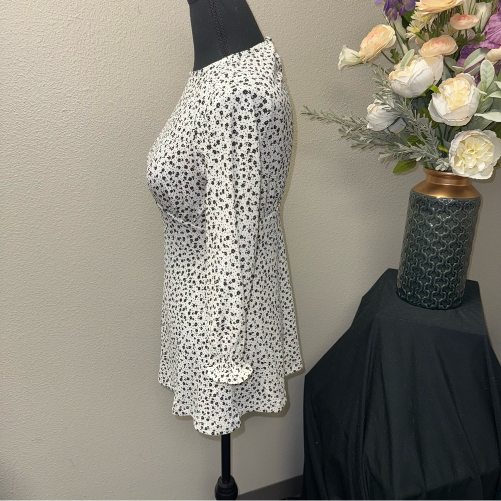 NWT ZARA Junior Black White Floral Ribbed Dress Long Sleeve Fit & Flare Size 9 - Picture 2 of 10